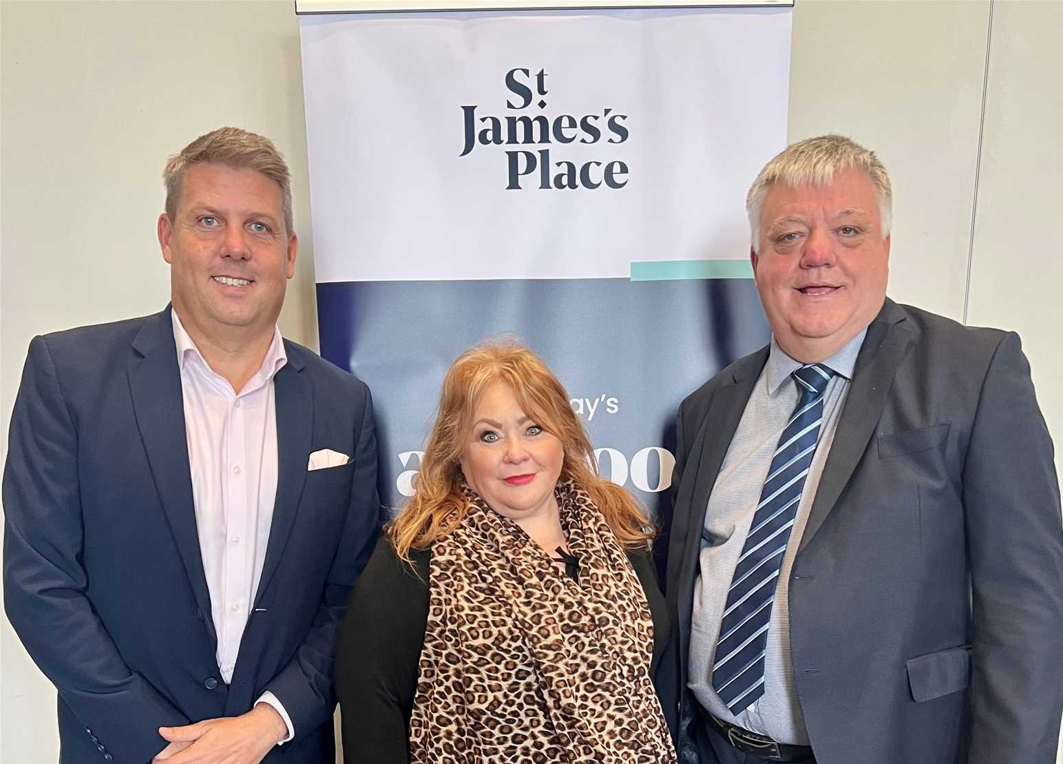 Emma Saysell, CEO of St David's Hospice Care, meets with Richard Hill and Matt Nelms from St James's Place. 