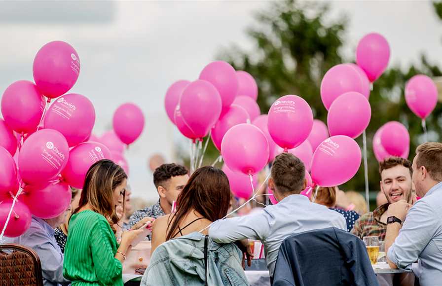 Pink balloons at our Rock on the Rooftop event hosted at The Celtic Manor