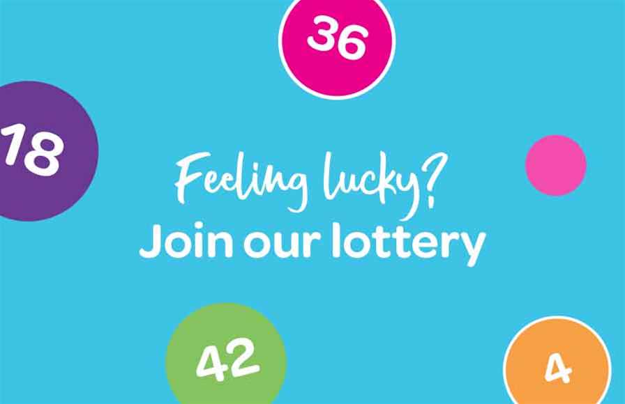 Feeling lucky? Join our lottery. On a blue background with coloured lottery balls.