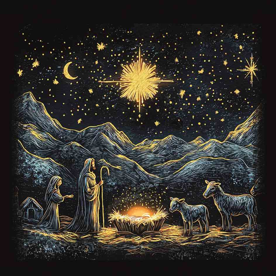 Pack of 10 - 'Starlit Manger' Gold Foil Christmas Cards