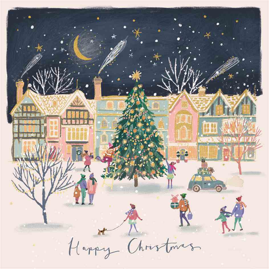 Pack of 10 - 'Christmas Village' Gold Foil Christmas Cards
