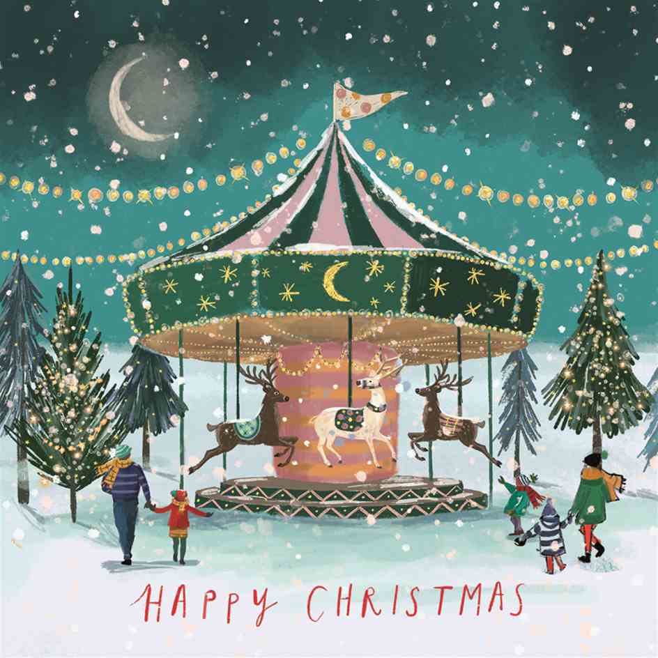 Pack of 10 - 'Christmas Carousel' Gold Foil Christmas Cards