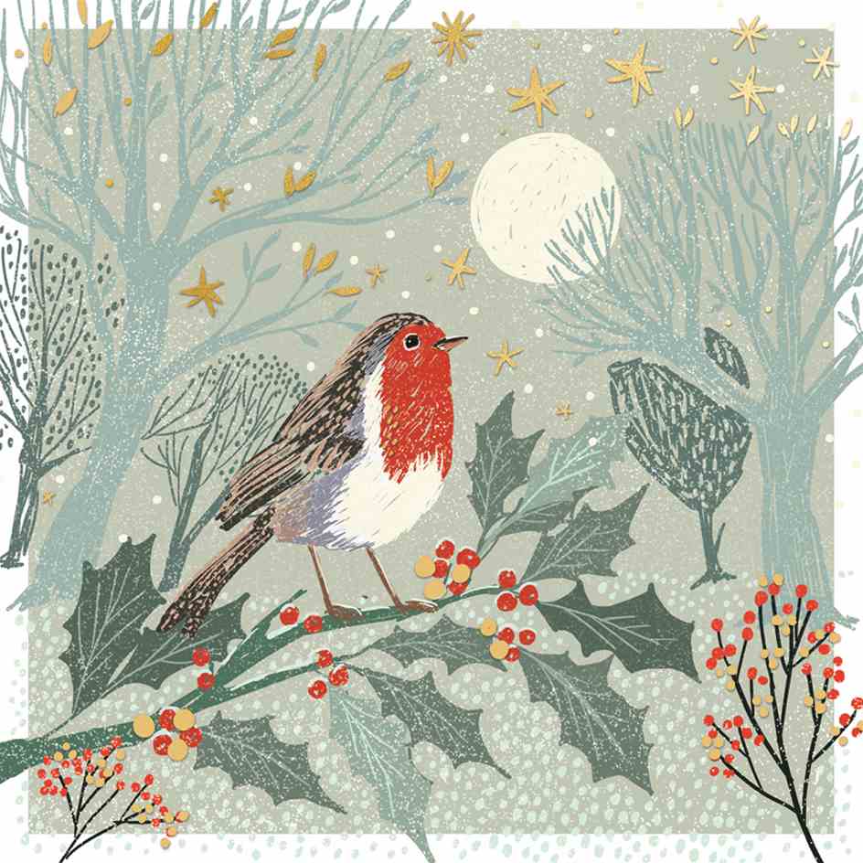 Pack of 10 - 'Holly Branch' Gold Foil Christmas Cards