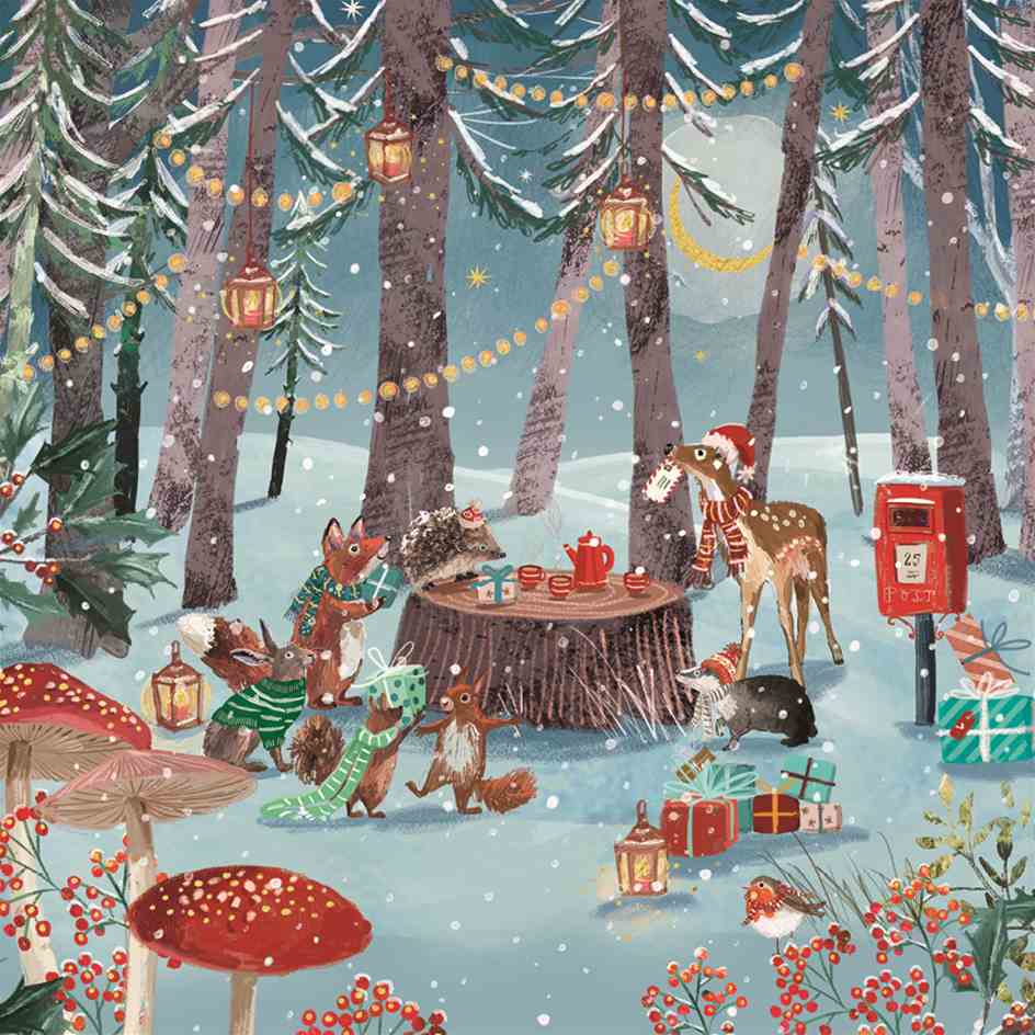 Pack of 10 - 'Festive Tea Party' Gold Foil Christmas Cards