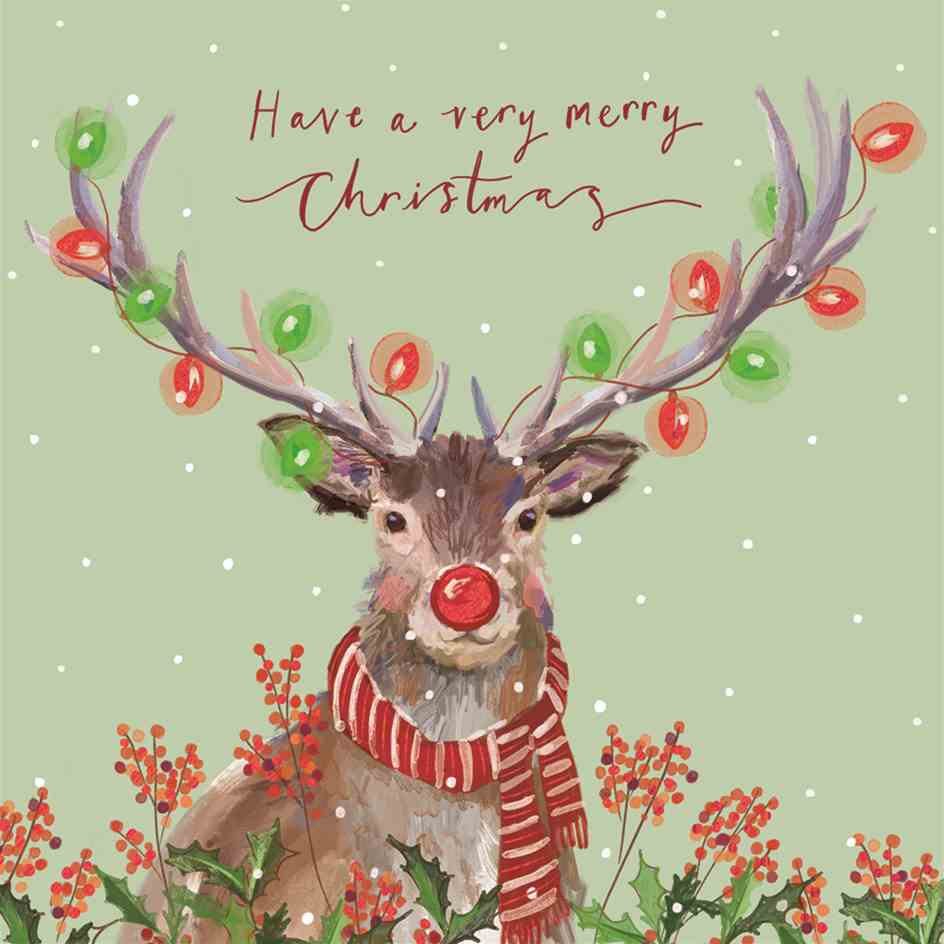 Pack of 10 - 'Nose Aglow' Red Foil Christmas Cards