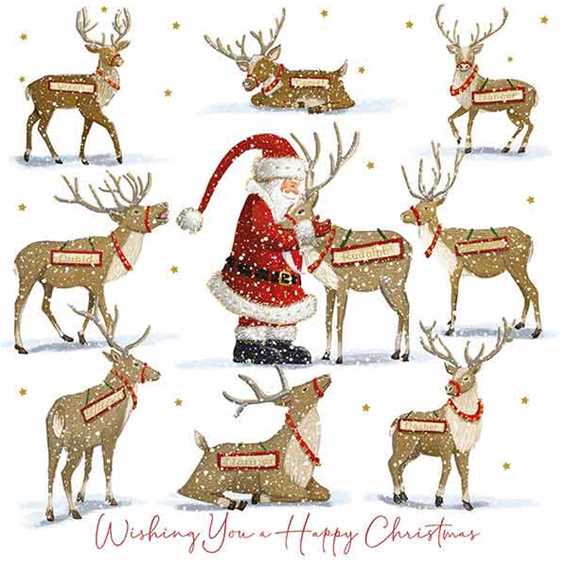 Pack of 10 - 'Santa Feeding His Reindeer' Gold Foil Christmas Cards