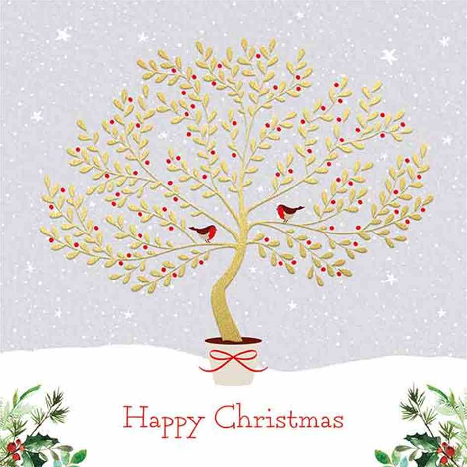 Pack of 10 - 'Embossed Gold Tree' Gold Foil Christmas Cards