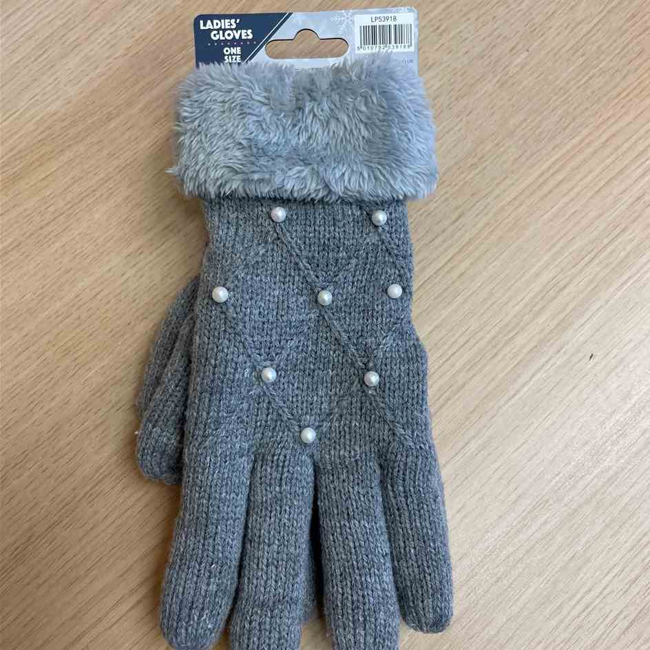 Grey ladies gloves with pearl effect detail