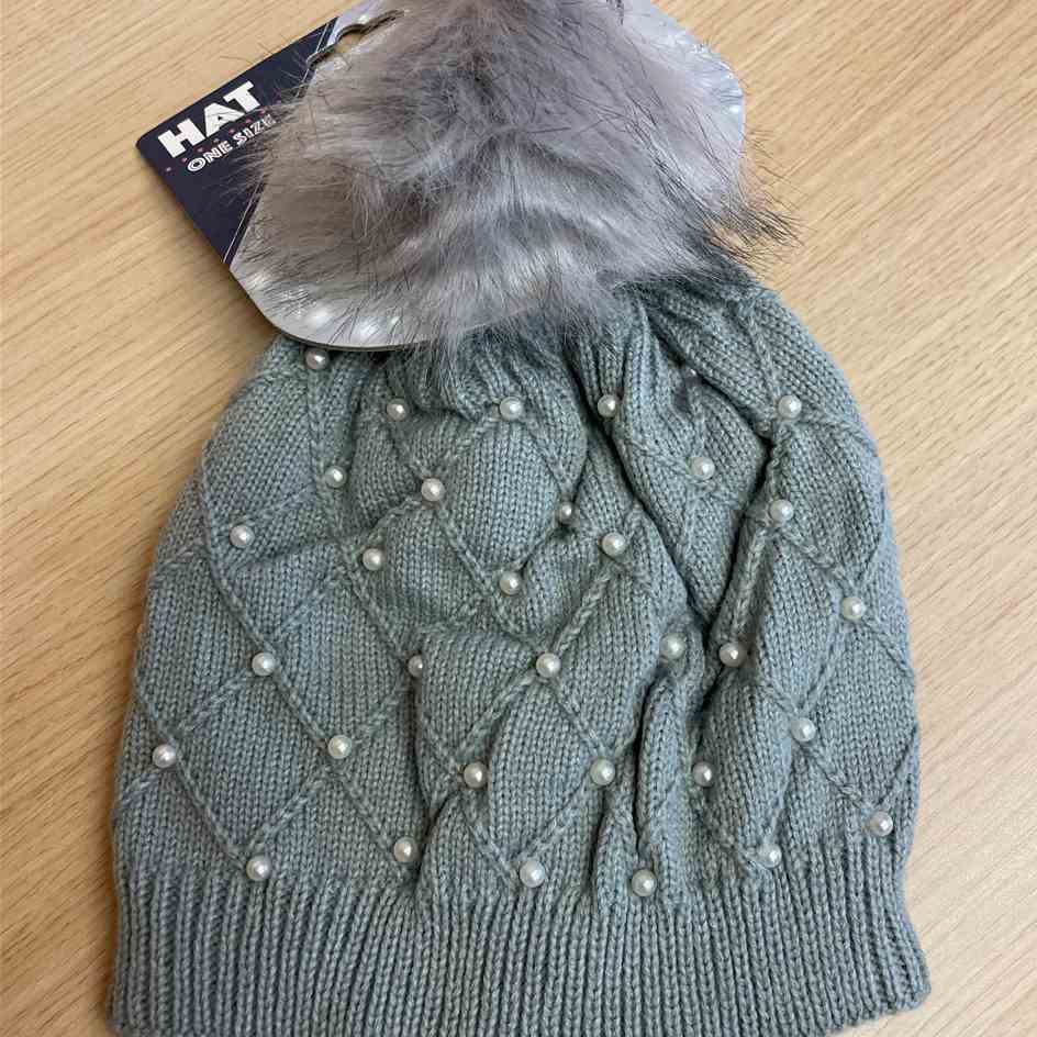 Grey ladies hat with pearl effect detail